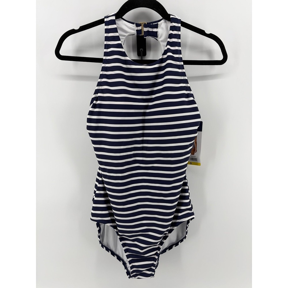 Lands End One-piece Swimsuit, Bathing Suit, High Neck, Navy Stripe, Sz S, NWT